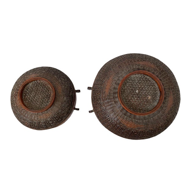 Wood Vintage 2 Shanghai Handicrafts Bamboo Woven Round Storage Baskets W/ Lids 9.5 & 7.5”h For Sale - Image 7 of 10