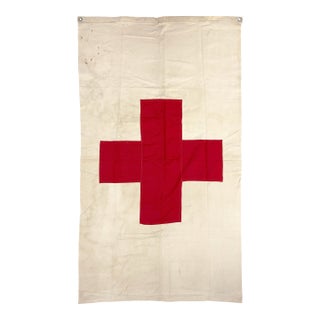 Vintage 1940s Wwii American National Red Cross Cotton First Aid Flag Banner For Sale