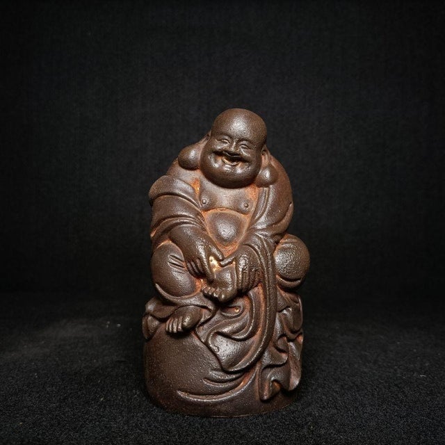 Cast Iron Laughing Maitreya Buddha Seated Statue, Happy Buddha Sculpture, Chinese Decorative Figurine For Sale - Image 4 of 7
