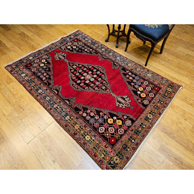 Vintage Persian Mazgalan Area Rug, Hand-Knotted Wool, Geometric Pattern, 5x7, Red & Navy For Sale - Image 4 of 18