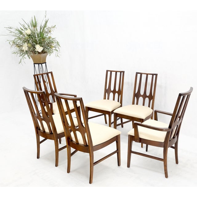 Mid 20th Century Set of 6 Mid-Century Modern New Linen Upholstery Walnut Dining Chairs Mint! For Sale - Image 5 of 14