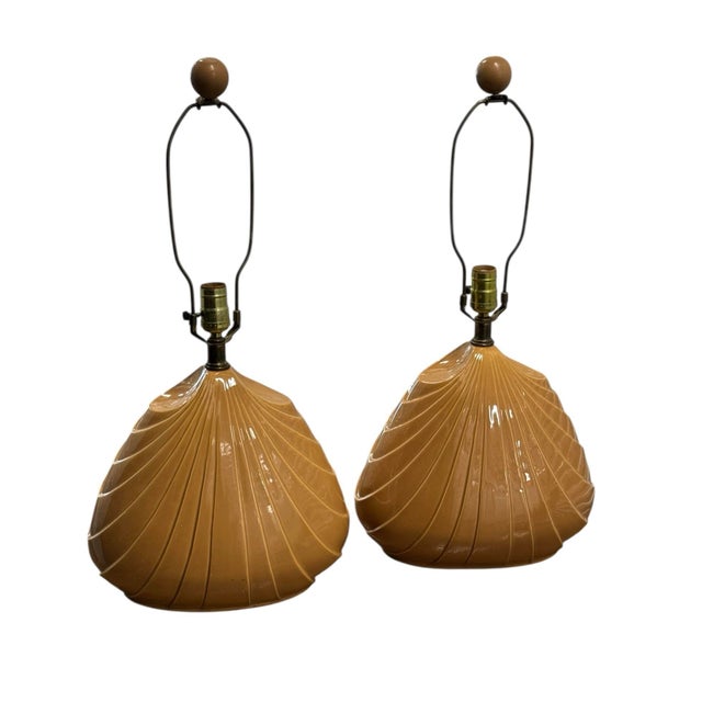 1980s 1980 Art Deco Shell Style Coral Tan Table Lamps- A Pair For Sale - Image 5 of 5