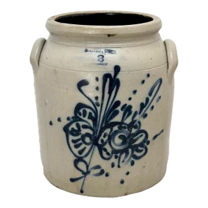 Excellent Big 3 Gallon Antique American Fancy Blue Decorated Stoneware Storage Jar by Whites Utica New York - 1870s