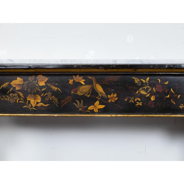 English Chinoiserie Black and Gold Console Tables with White Marble Tops, a Pair For Sale - Image 12 of 12