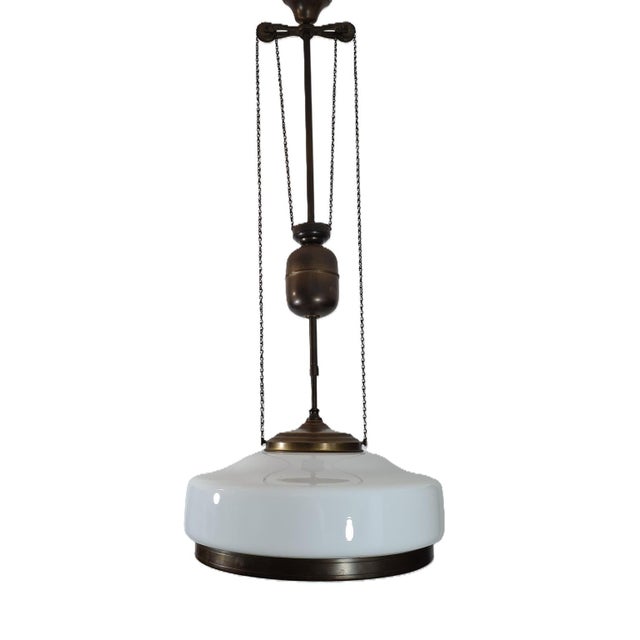 Art Deco Adjustable Pendant Lamp in Brass and Opal Glass, 1930s-1940s For Sale - Image 14 of 14