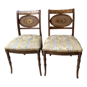1960s Vintage Adam Style Hand Painted Side Chairs With Silk Upholstered Seats - a Pair