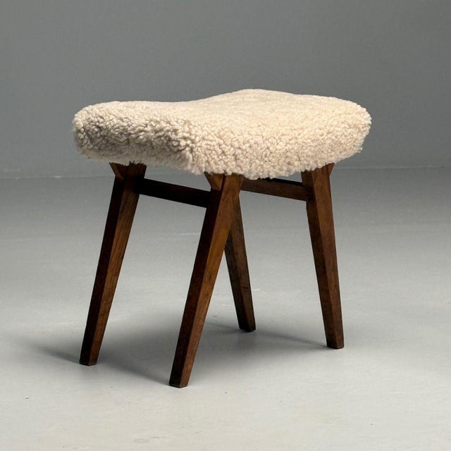 Italian Mid-Century Modern, Rustic Stools, Beige Shearling, Stained ...