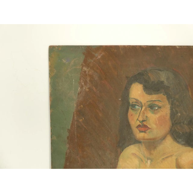 French vintage mid century modern oil painting of the side view of a nude women. The painting is a oil on canvas The...