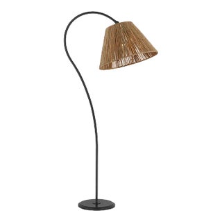 Amber Lewis for Visual Comfort Signature Dume Large Arched Floor Lamp in Aged Iron with Natural Abaca Shade For Sale