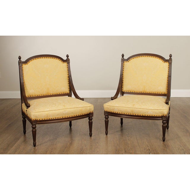 Custom Quality Pair of Custom Upholstered Carved Walnut Finish Frame Slipper Chairs