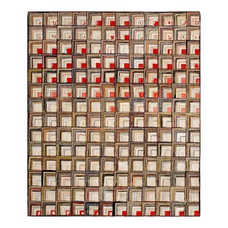 1890s Multicolor Dimensional Square Folk Art Antique American Hooked Rug 5'9" X 7' Handknotted Wool Carpet For Sale