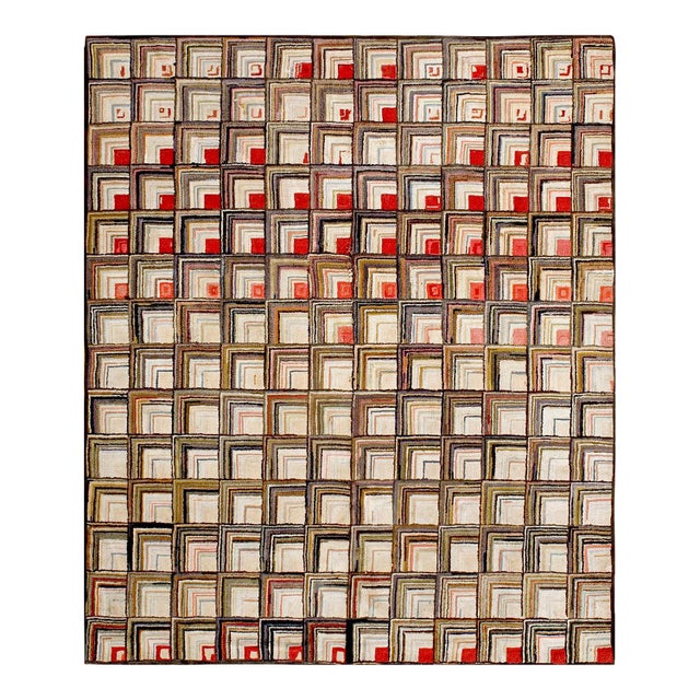 1890s Multicolor Dimensional Square Folk Art Antique American Hooked Rug 5'9" X 7' Handknotted Wool Carpet For Sale