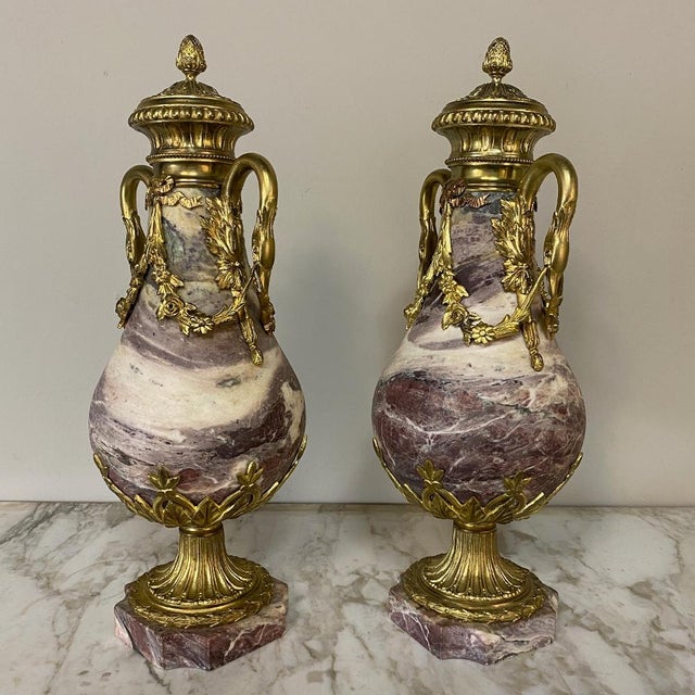 Pair 19th Century French Louis XVI Marble & Bronze Cassolettes represent the epitome of affluence! Hand-crafted from...
