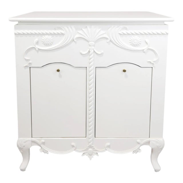 A Classic European Baroque-Style White Embossed Storage Cabinet/Bathroom Vanity Base. For Sale
