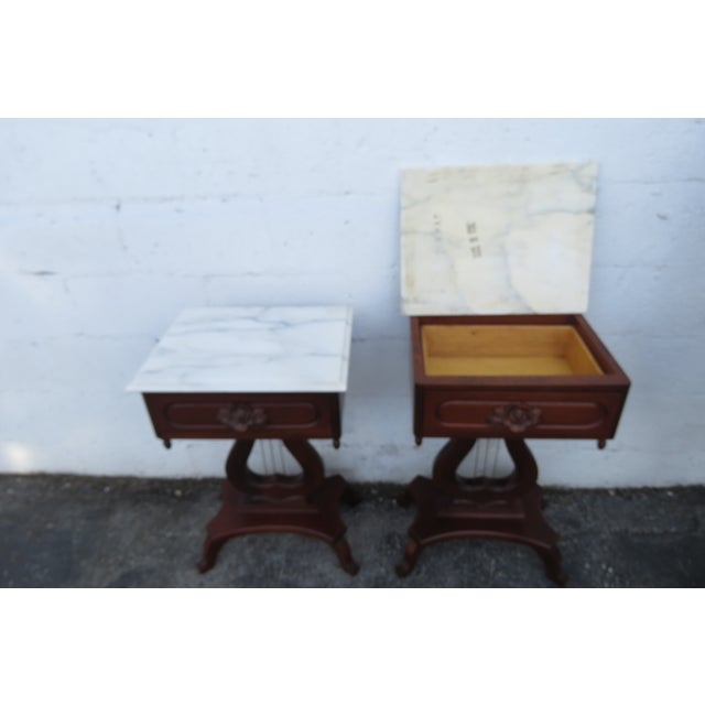 Mid 20th Century Victorian Style Marble Top Harp Design Side End Tables Nightstands a Pair For Sale - Image 11 of 18