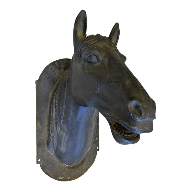 Antique French Life Size Heavy Cast Iron Horse Head Wall Mount Plaque Indoor/ Outdoor For Sale