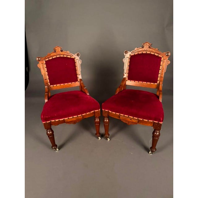 Oxblood Red Pair of Late 19th Century American Eastlake Victorian Walnut Side Chairs, Circa 1890 For Sale - Image 8 of 16