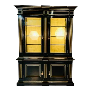 Hollywood Regency Maison Jansen Style Bookcase / Cabinet, Ebony, Gold Leaf