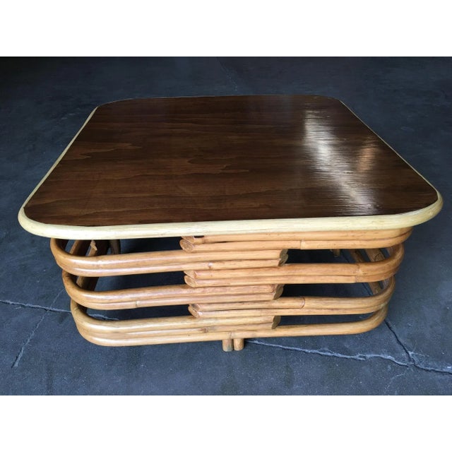 Mid-Century Modern Restored Vintage Stacked Slat Rattan Coffee Table With Mahogany Top For Sale - Image 3 of 7
