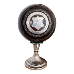 1916 English Sterling & Wood Trophy Lawn Bowling Ball on Stand