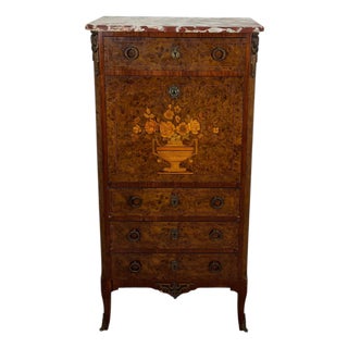 French Louis XVI Style Burl Wood Secretary Chest with Marble Top, 1930s For Sale