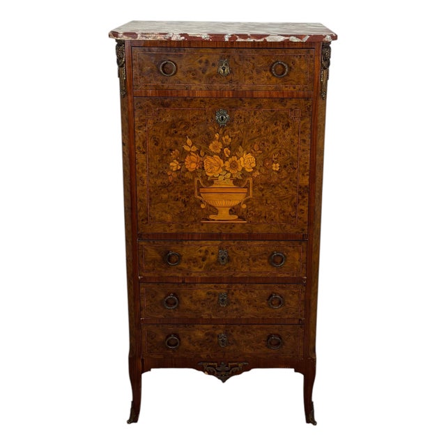 French Louis XVI Style Burl Wood Secretary Chest with Marble Top, 1930s For Sale
