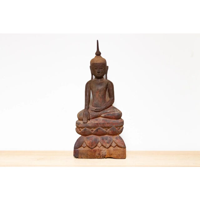 Asian Beautiful Antique Carved Wood Painted Buddha For Sale - Image 3 of 8