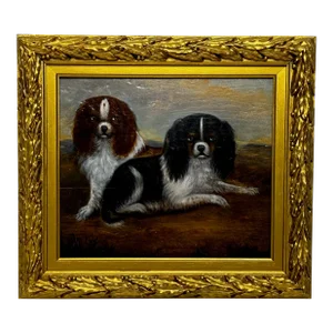 Charming 19th Century Oil Painting Portrait of King Charles Spaniel Dogs, Framed