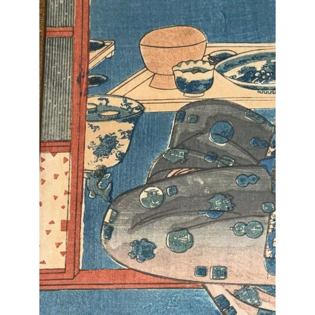 Kunisada, Woman on a Terrace Overlooking the Bay, Woodblock Print, 19th Century For Sale - Image 5 of 9