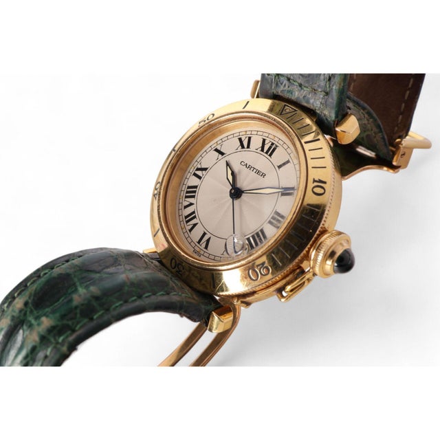 1990s 1990s Cartier Pasha 1035 Automatic Watch 18k Gold Ivory Dial Alligator Strap 35mm For Sale - Image 5 of 10