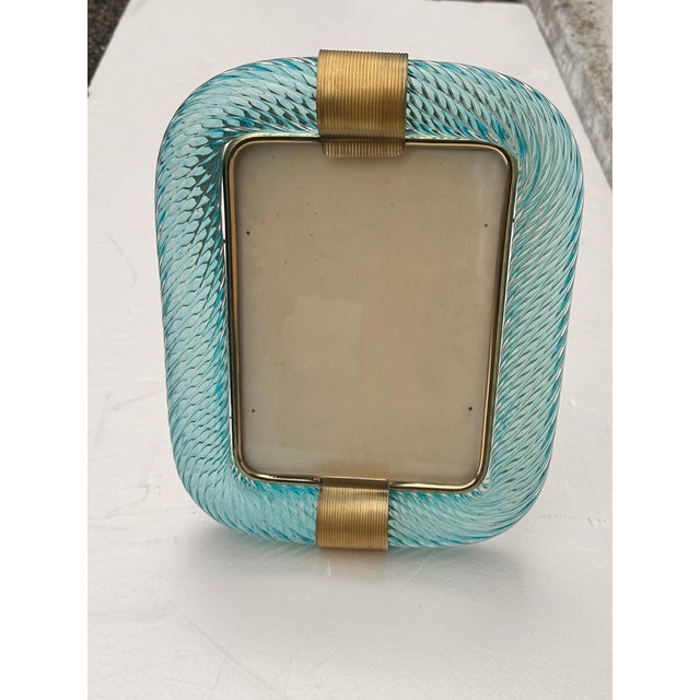 Metal Mid-Century Modern Style Light-Blue"Torchon" Murano Glass Picture Frame and in Barovier Style For Sale - Image 7 of 9