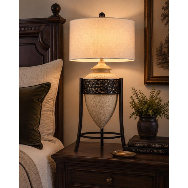 Vintage 1970s Mediterranean Textured Ceramic Tripod Urn Lamp With Linen Drum Shade A striking vintage statement lamp...