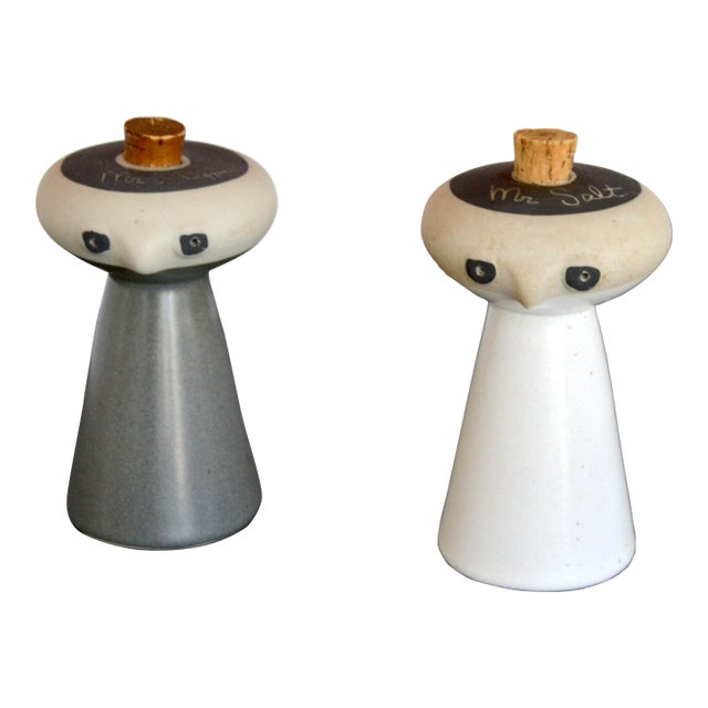 1980s David Gil for Bennington Potters Mr. Salt and Mrs. Pepper Ceramic Shakers Cork Stoppers For Sale