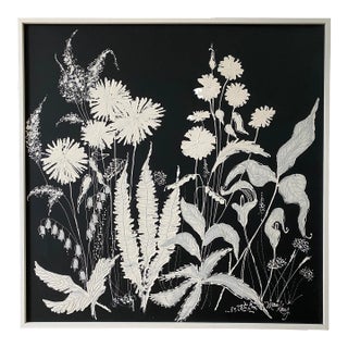 Mid-Century Original Black-and-White Oil Painting "Fleurs" - Signed MacKay For Sale