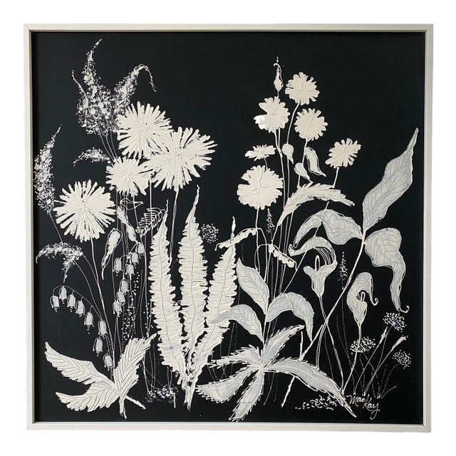 Mid-Century Original Black-and-White Oil Painting "Fleurs" - Signed MacKay For Sale