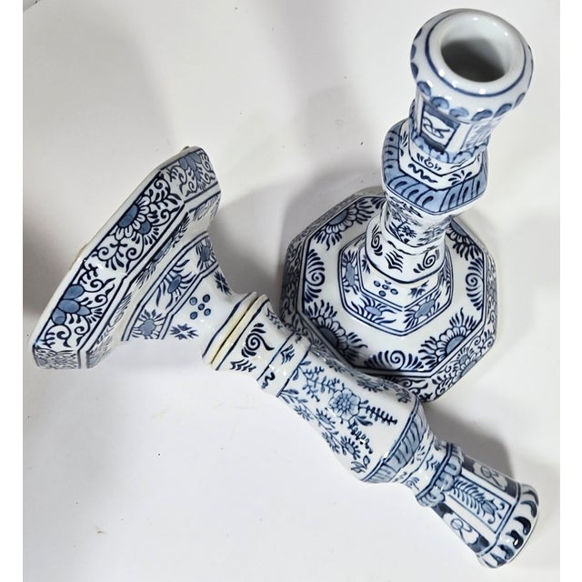 Farmhouse Vintage Blue Delft Candlesticks- Set of Two For Sale - Image 3 of 11