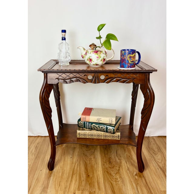 1920s Spanish Revival Inlaid Walnut Parlor Side Table With Hand-Carved Notched Rim For Sale - Image 10 of 10