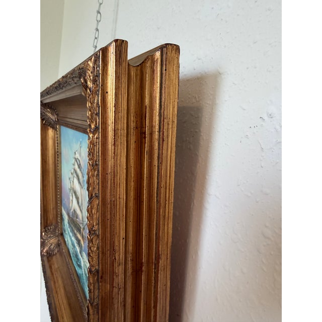 Signed Original Oil Painting on Canvas Seascape Gold Frame Maritime Nautical Art For Sale - Image 4 of 12