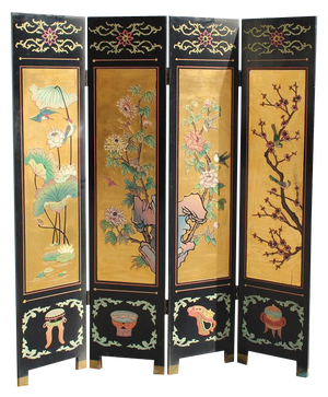 Screen in Chinese Lacquer with Enamel and Lotus Flower Decorations, 1950s