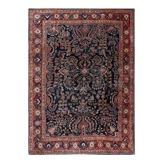 1930s Blue Navy Floral Antique Persian Sarouk Farahan Carpet 8'8" X 12'8" Woven Wool Rug For Sale