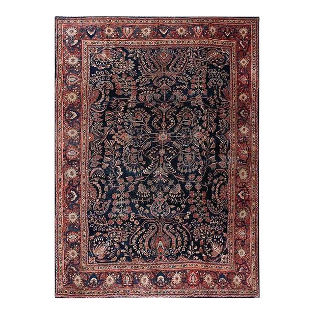 1930s Blue Navy Floral Antique Persian Sarouk Farahan Carpet 8'8" X 12'8" Woven Wool Rug For Sale