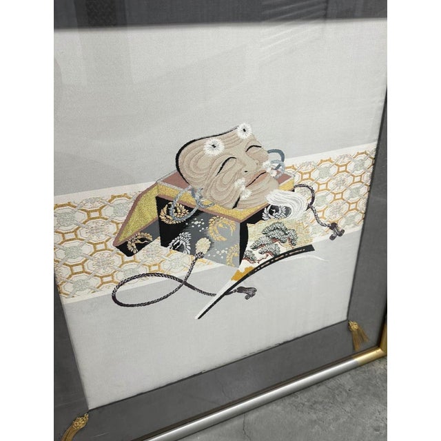 Antique Japanese Fukusa Okina Mask Framed Textile W/ Silver & Gold Threads For Sale - Image 4 of 6