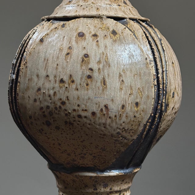 1970s Vintage Monumental Modernist Sculptural Shino Glazed Ceramic Pedestal Vessel, Signed For Sale - Image 5 of 10