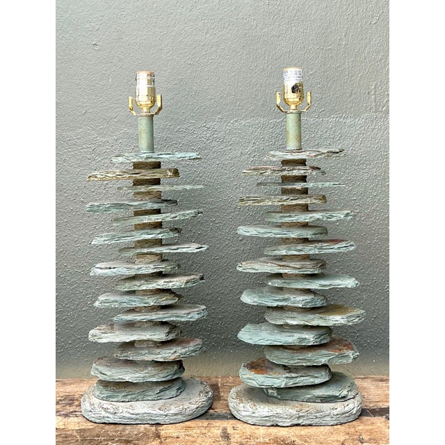 Gray Vintage Stacked Stone Table Lamps - Pair For Sale - Image 8 of 15