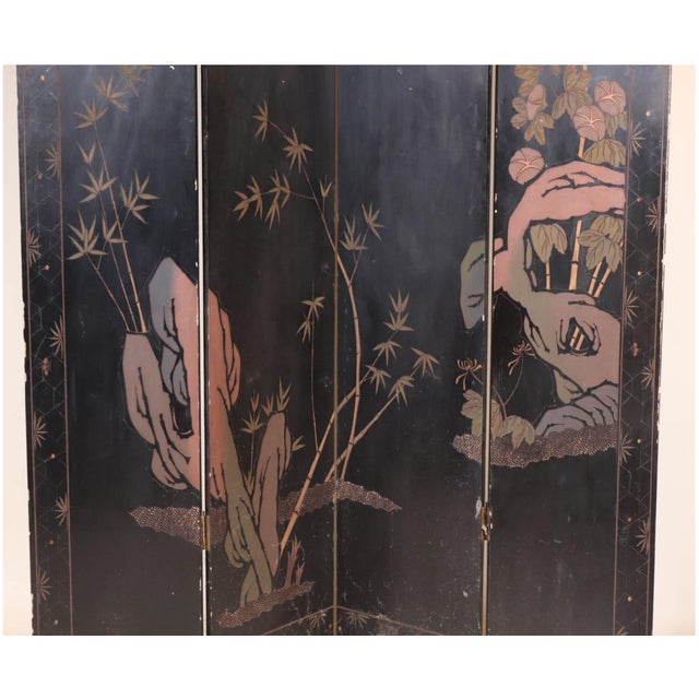 Black Vintage Four-Paneled Chinese Coromandel-Style Room Divider Screen For Sale - Image 8 of 13
