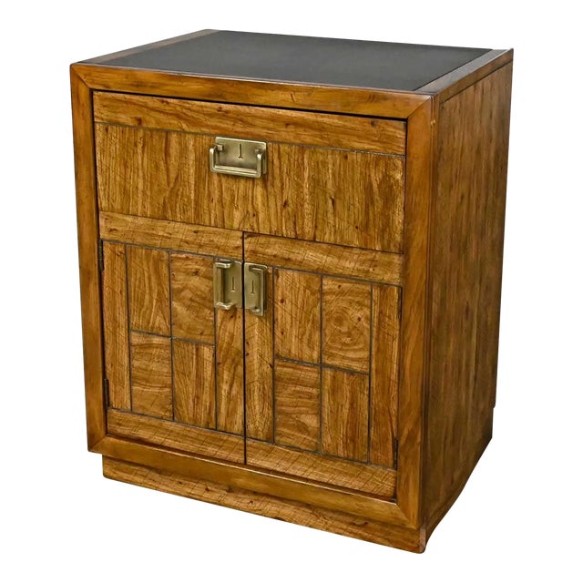 Vintage Drexel Weatherwood Collection Campaign Style End Table Cabinet or Chest With 1 Drawer & 2 Doors For Sale