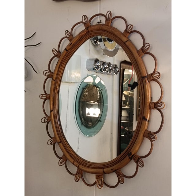 Brown Oval Wall Mirror in Rattan and Woven Cane, Italy 1960s For Sale - Image 8 of 9