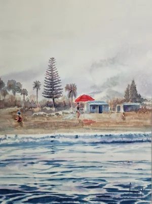 Macarena Sanz, Red Umbrella in Grao De Castellón, Watercolor