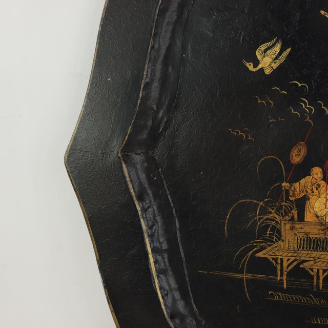 Late 20th Century Vintage Hand Painted Chinoiserie Tole Tray Black Lacquer With Gold Gilt Scenic Pagoda Motif For Sale - Image 5 of 16
