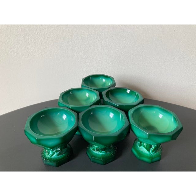 Contemporary Art Deco Green Malachite Geometric Glass Pedestal Master Salt Cellars or Egg Cup Holders- Set of 6 For Sale - Image 3 of 11
